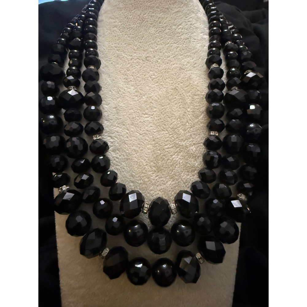 Isabel Black Multi Strand Beaded Statement Necklace Rhinestone Bird Charm